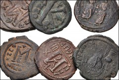 BYZANTINE. Lot of six (6) mostly Æ Folles from Justinian I to Heraclius. Includes: Justinian I. Æ Follis (2) // Justinian I. Æ Half Follis // Maurice Tiberius. Æ Follis (2) // Heraclius, with Heracliu