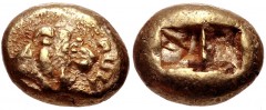 KINGS of LYDIA. Alyattes. Circa 610-560 BC. EL Hekte – Sixth Stater (11mm, 2.37 g). Lydo-Milesian standard. Sardes mint. Confronted lion’s heads (only the left is visible); walwet (partially off flan)