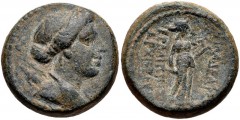 LYDIA, Philadelphia. 2nd-1st centuries BC. Æ (17mm, 6.88 g, 12h). Draped bust of Artemis right, wearing stephane, with bow and quiver over shoulder / Apollo standing right, holding lyre and plectrum. 