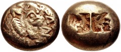 KINGS of LYDIA. Alyattes. Circa 610-560 BC. EL Trite – Third Stater (12mm, 4.69 g). Lydo-Milesian standard. Sardes mint. Confronted lion’s heads (only the left is visible); walwet (partially off flan)
