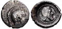 DYNASTS of LYCIA. Kherei(?). Circa 410-390 BC. AR Obol (8mm, 0.56 g, 11h). Uncertain mint. Helmeted head of Athena right / Head of Kherei right, wearing bashlyk, within incuse circle. Cf. Mørkholm & Z