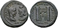 MOESIA INFERIOR, Marcianopolis. Gordian III. AD 238-244. Æ Pentassarion (28mm, 14.76 g, 12h). Menophilus, legatus consularis. Laureate and draped bust of Gordian III right, facing draped bust of Serap