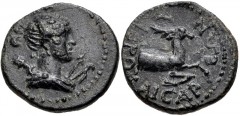 LYDIA, Hierocaesarea. Pseudo-autonomous issue. Circa late 1st-mid 2nd century. Æ (16mm, 3.10 g, 12h). Draped bust of Artemis right, with quiver over shoulder; bow and arrow before / Forepart of stag r