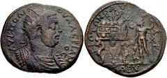 CILICIA, Corycus. Valerian I. AD 253-260. Æ (35mm, 19.62 g, 5h). Radiate, draped, and cuirassed bust right / Dionysus standing left, holding grapes and thyrsus; panther at feet to left; in left field,