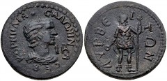 CILICIA, Lyrbe. Salonina. Augusta, AD 254-268. Æ 11 Assaria (30mm, 16.46 g, 7h). Draped bust right, wearing stephane; IA (mark of value) before / Apollo Sidetes standing facing, head left, holding pat