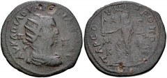 CILICIA, Tarsus. Valerian I. AD 253-260. Æ (31mm, 13.80 g, 6h). Radiate, draped, and cuirassed bust right / Cronus advancing left, holding harpa and uncertain object. SNG France –; SNG Levante 1183 (t