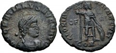Gratian. AD 367-383. Æ (18mm, 2.46 g, 6h). Arelate (as Constantia) mint, 3rd officina. Struck AD 367-375. D N GRATIANVS AVGG AVG, laureate and cuirassed bust right / GLORIA [N]O–VI SAECVLVM, emperor s
