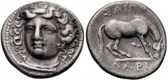 THESSALY, Larissa. Circa 356-342 BC. AR Hemidrachm (15mm, 2.90 g, 5h). Head of the nymph Larissa facing slightly left, wearing ampyx, earring, and necklace / ΛAPIΣ–AIΩN, horse right, about to roll. BC