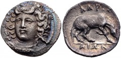 THESSALY, Larissa. Circa 356-342 BC. AR Hemidrachm (15mm, 1.98 g, 11h). Head of the nymph Larissa facing slightly left, wearing ampyx and necklace / ΛAPIΣ–AIΩN, horse right, about to roll. BCD Thessal