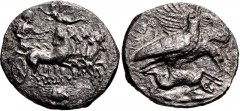 SICILY, Akragas. Circa 409-406 BC. AR Tetradrachm (28mm, 14.52 g, 11h). Charioteer driving fast quadriga right; above, Nike flying left, crowning charioteer; crab in exergue / Two eagles standing righ