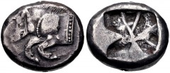 DYNASTS of LYCIA. Uncertain dynast. Circa 500-470/60 BC. AR Stater (20mm, 9.26 g). Protodynastic period, Group A. Forepart of boar left; [symbol on shoulder] / Incuse square with triangular indentatio