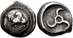 DYNASTS of LYCIA. Uncertain dynast. Circa 480/70-430 BC. AR Stater (19mm, 9.85 g). Protodynastic period, Group C. Pegasos flying left; pellet below; all on round shield / Triskeles within incuse circl