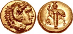 MYSIA, Pergamon. Mid-late 330s BC. AV Stater (17mm, 8.60 g, 1h). Head of Herakles right, wearing lion skin / Archaistic Palladion: statue of Pallas Athena standing facing, holding spear aloft in right