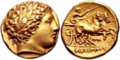 KINGS of MACEDON. temp. Philip II – Alexander III. Circa 340/36-328 BC. AV Stater (17mm, 8.60 g, 11h). In the name and types of Philip II. Pella mint. Laureate head of Apollo right / Charioteer drivin