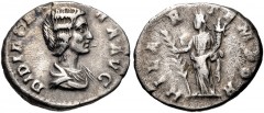 Didia Clara. Augusta, AD 193. AR Denarius (18mm, 2.65 g, 6h). Rome mint. Struck under Didius Julianus. Draped bust right / Hilaritas standing left, holding long palm frond and cornucopia. RIC IV 10 (D