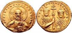 Basil II Bulgaroktonos, with Constantine VIII. 976-1025. AV Tetarteron Nomisma (20mm, 4.19 g, 6h). Constantinople mint. Struck circa 1005-1025. Facing bust of Christ Pantokrator; two pellets in bars o