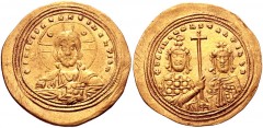Basil II Bulgaroktonos, with Constantine VIII. 976-1025. AV Histamenon Nomisma (27mm, 4.40 g, 7h). Constantinople mint. Struck 1005-1025. Facing bust of Christ Pantokrator; annulets in upper quarters 