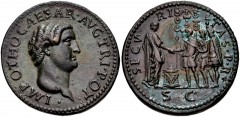 Otho. AD 69. Æ “Sestertius” (35mm, 22.06 g, 7h). “Paduan” after Giovanni Cavino, 1500-1570. · IMP OTHO CAESAR · AVG · TRI · POT ·, bare head right / SECV RI TAS · P · R ·, S C in exergue, Otho standin