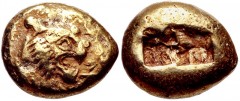 KINGS of LYDIA. Alyattes. Circa 610-560 BC. EL Trite (13mm, 4.71 g). Sardes mint. Confronted lion’s heads (only the left is visible); walwet (partially off flan) between / Two incuse square punches. C