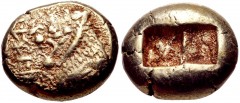 KINGS of LYDIA. Alyattes. Circa 610-560 BC. EL Trite (13mm, 4.73 g). Sardes mint. Confronted lion’s heads (only the right is visible); walwet (partially off flan) between / Two incuse square punches. 