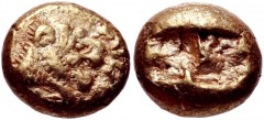 KINGS of LYDIA. Alyattes. Circa 610-560 BC. EL Hekte (10mm, 2.36 g). Sardes mint. Confronted lion’s heads (only the left is visible); walwet (partially off flan) between / Two incuse square punches. W
