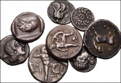 MODERN REPRODUCTIONS. Greek. Lot of eight (8) modern struck copies. Includes: Argolis, Epidauros. ‘Drachm’ // Lokris, Lokris Opuntii. ‘Stater’ // Corinthia, Corinth. ‘Stater’ /// Crete, Phaistos. ‘Sta