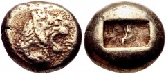 KINGS of LYDIA. Alyattes. Circa 610-560 BC. EL Trite – Third Stater (12mm, 4.65 g). Lydo-Milesian standard. Sardes mint. Confronted lion’s heads (only the left is visible); walwet (partially off flan)