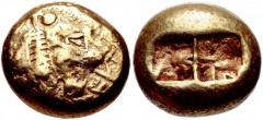 KINGS of LYDIA. Alyattes. Circa 610-560 BC. EL Trite – Third Stater (12mm, 4.72 g). Lydo-Milesian standard. Sardes mint. Confronted lion’s heads (only the left is visible); walwet (partially off flan)