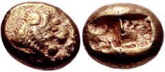 KINGS of LYDIA. Alyattes. Circa 610-560 BC. EL Hekte – Sixth Stater (10mm, 2.31 g). Lydo-Milesian standard. Sardes mint. Confronted lion’s heads (only the left is visible); walwet (partially off flan)