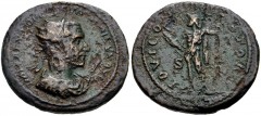 Macrinus. AD 217-218. Æ Dupondius (27mm, 13.45 g, 12h). Rome mint. 1st emission, spring AD 217. Radiate, draped, and cuirassed bust right, wearing short beard / Jupiter standing facing, head left, hol