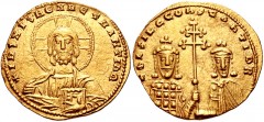 Basil II Bulgaroktonos, with Constantine VIII. 976-1025. AV Histamenon Nomisma (22mm, 4.40 g, 6h). Constantinople mint. Struck 977. Facing bust of Christ Pantokrator / Crowned facing busts of Basil, w