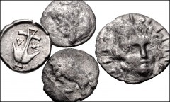 GREEK. Miscellaneous. Lot of four (4) silver coins. Includes: THRACE, Apollonia Pontika. AR Drachm // ACHAIAN LEAGUE, Pallantion. AR Hemidrachm // PHLIASIA, Phlious. AR Hemidrachm // ISLANDS off CARIA
