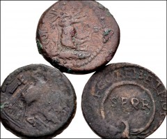 ROMAN. Provincial. Lot of three (3) Judaean and Phoenician bronze coins. Includes: Phoenicia, Berytus. Claudius // Judaea, Ascalon. Titus // Judaea, Caesarea Maritima. Herennius Etruscus. Fine to VF. 