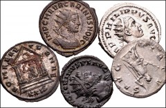 ROMAN. Imperial. Lot of five (5) Antoniniani from Philip II to Carinus. Includes: Philip II // Trajan Decius // Victorinus // Probus // Carinus. Average Good VF. LOT SOLD AS IS, NO RETURNS. Five (5) c