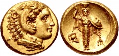 MYSIA, Pergamon. Circa 310-282 BC. AV Stater (18mm, 8.63 g, 12h). Head of Herakles right, wearing lion skin / Archaistic Palladion: statue of Pallas Athena standing facing, holding spear aloft in righ