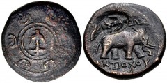 SELEUKID KINGS of SYRIA. Antiochos I Soter. 281-261 BC. Æ (20mm, 6.85 g, 9h). Antioch on the Orontes mint. Macedonian shield with central anchor / Horned elephant walking right; monograms iabove (obsc