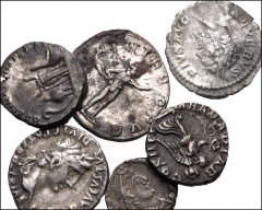 ROMAN. Imperial. Lot of six (6) silver coins from Augustus to the late empire. Includes: Augustus. AR Denarius // Septimius Severus. AR Denarius (2) // Caracalla. AR Denarius // Valerian I. AR Antonin