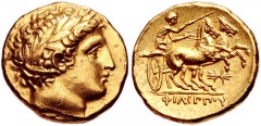 KINGS of MACEDON. temp. Philip II – Alexander III. Circa 340/36-328 BC. AV Stater (18mm, 8.59 g, 11h). In the name and types of Philip II. Pella mint. Laureate head of Apollo right / Charioteer drivin