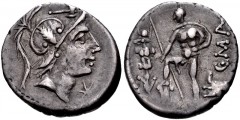 C. Malleolus. 96 BC. AR Denarius (18mm, 3.89 g, 1h). Rome mint. Helmeted head of Mars right; mallet (malleolus) above, mark of value below chin / Warrior, holding spear and shield, with right foot on 