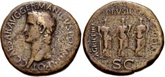 Gaius (Caligula). AD 37-41. Æ Sestertius (36mm, 26.45 g, 6h). Rome mint. Struck AD 37-38. Laureate head left / Gaius' three sisters standing facing: Agrippina (as Securitas) leaning on column, holding