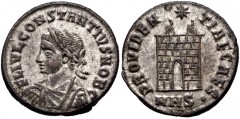 Constantius II. As Caesar, AD 324-337. Æ Follis (18mm, 3.85 g, 11h). Nicomedia mint, 6th officina. Struck AD 326-327. Laureate, draped, and cuirassed bust left / Camp gate surmounted by two turrets; s