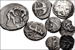 GREEK. Miscellaneous. Lot of eight (8) silver coins. Includes: CALABRIA, Tarentum. AR Diobol // THRACE, Apollonia Pontika. AR Drachm // ISLANDS off THRACE, Thasos. AR Trihemiobol // KINGS of MACEDON, 