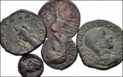 ROMAN. Provincial-Imperial. Lot of five (5) bronze coins. Includes: PROVINCIAL: Judaea, Caesarea Maritima. Elagabalus. Æ 20mm // IMPERIAL: Gordian III. Æ Sestertius // Philip I. Æ Sestertius // Theodo