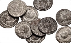 ROMAN. Imperial. Lot of ten (10) Æ Folles from Licinius I to Constantius II. Includes: Licinius I (2) // Licinius II (2) // Helena (2) // Cosntantine I // Constantine II (3). Good VF, fully silvered. 
