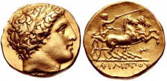 KINGS of MACEDON. temp. Philip II – Alexander III. Circa 340/36-328 BC. AV Stater (17mm, 8.55 g, 1h). In the name and types of Philip II. Pella mint. Laureate head of Apollo right / Charioteer driving