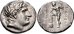 KINGS of MACEDON. Demetrios I Poliorketes. 306-283 BC. AR Tetradrachm (28mm, 17.20 g, 7h). Pella mint. Struck circa 293-292 BC. Diademed and horned head right / Poseidon standing left, right foot on r