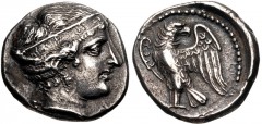 ELIS, Olympia. 103rd Olympiad. 368 BC. AR Drachm (18mm, 5.89 g, 9h). Hera mint. Head of Hera right, wearing ornamented stephanos inscribed H P A / Eagle standing left, head right. BCD Olympia 113 = Po