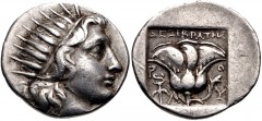 ISLANDS off CARIA, Rhodos. Rhodes. Circa 170-150 BC. AR Drachm (17mm, 2.90 g, 12h). Dexikrates, magistrate. Radiate head of Helios right / Rose with bud to right; winged kerykeion to left, ΔEΞIKPATHΣ 
