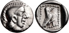 DYNASTS of LYCIA. Uncertain dynast. Circa 4th century BC. AR Hemiobol (6mm, 0.25 g, 6h). Helmeted head of Athena right / Eagle standing right within pelleted square within incuse square. Unpublished i