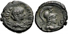 EGYPT, Alexandria. Annia Faustina. Augusta, AD 221. Potin Tetradrachm (23mm, 11.98 g, 11h). Dated RY 5 of Elagabalus (AD 221). Draped bust right / Helmeted bust of Athena right, wearing aegis; L Є (da